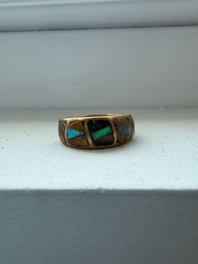 Bronze Inlay Ring with Blue-Green Accents